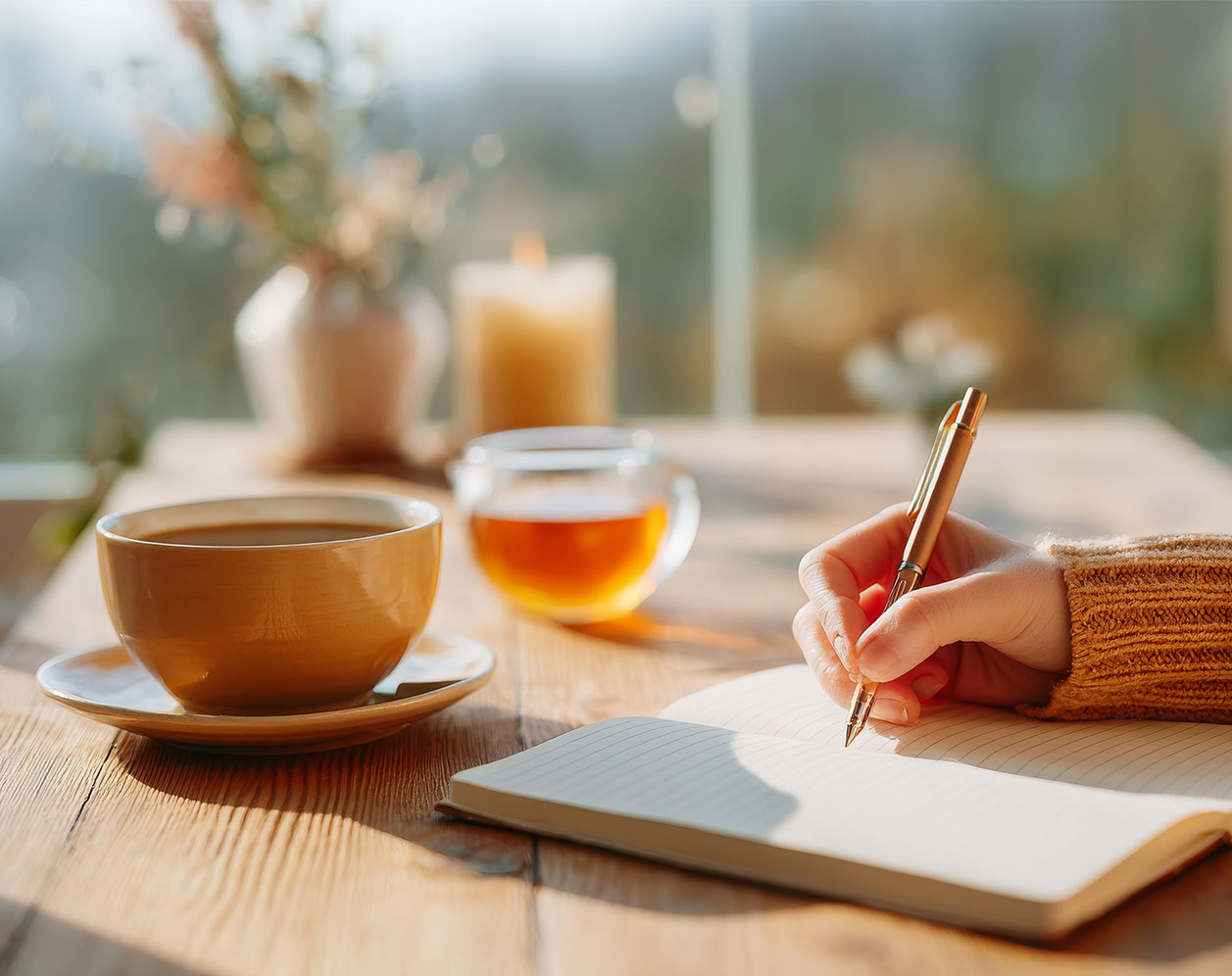 Hand schreibt in ein Notizbuch auf einem Holztisch mit Teetasse, Glas mit Kräutertee, Kerze und Vase – eine ruhige Szene, die zur Reflexion, zum Journaling oder für ein achtsames Morgen- oder Abendritual einlädt.