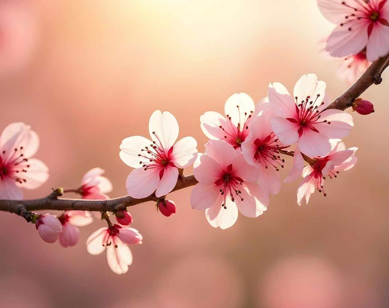 Zarter Kirschblütenzweig mit rosafarbenen Blüten im warmen Licht, sanft verschwommener Hintergrund in Pastelltönen. Die filigranen Blüten stehen für Frühling, Neubeginn und einen ruhigen, lichtvollen Moment.