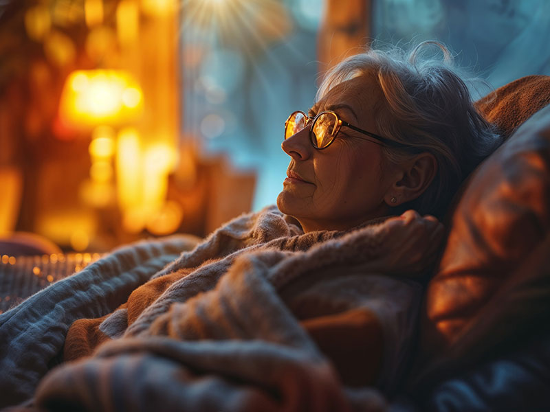 Eine ältere Frau liegt eingekuschelt in eine warme Decke auf einem Sofa, im Hintergrund gedimmtes warmes Licht