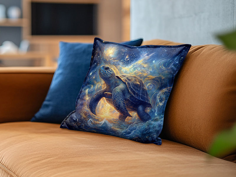 Ein dekoratives Kissen mit einem fantasievollen Krafttier-Motiv liegt auf einem Sofa. Das Motiv zeigt eine majestätische Meeresschildkröte, die in einer mystisch leuchtenden Unterwasserwelt mit Sternen und Wirbeln schwimmt.