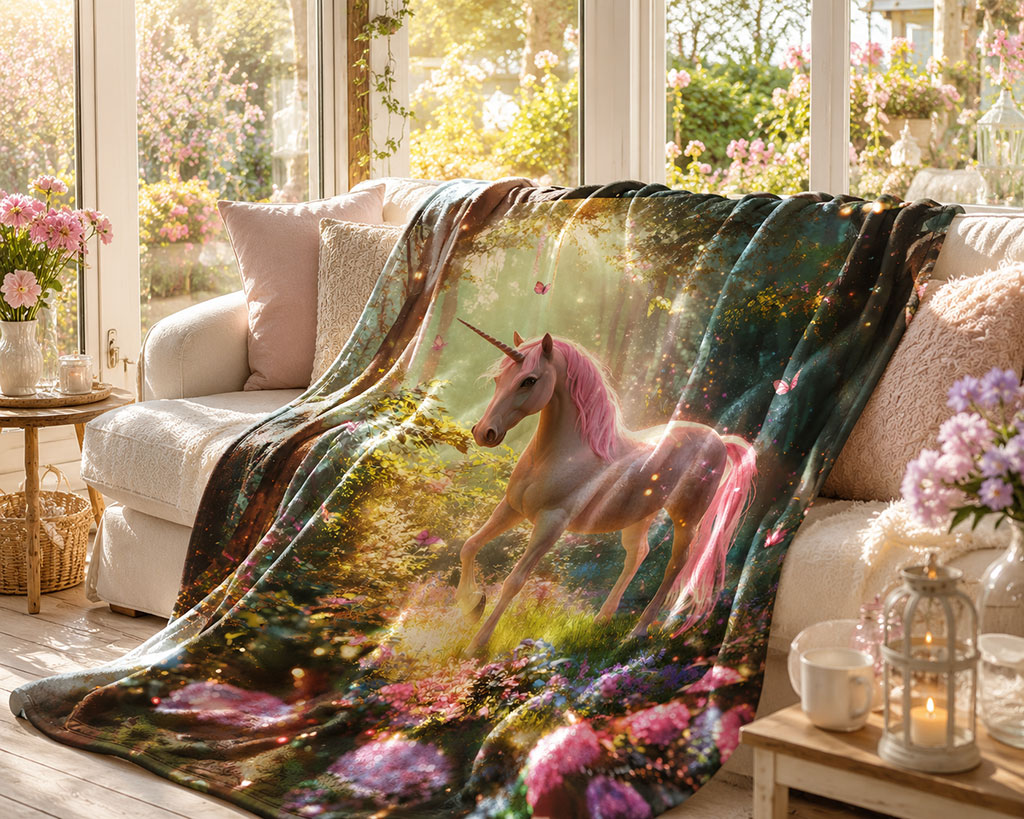 Gemütliches Wohnzimmer mit hellem Sofa vor großen Fenstern. Über die Couch ist eine Decke mit Motiv eines rosafarbenen Einhorns in einem märchenhaften Wald voller Blumen, Lichtstrahlen und Schmetterlinge drapiert.