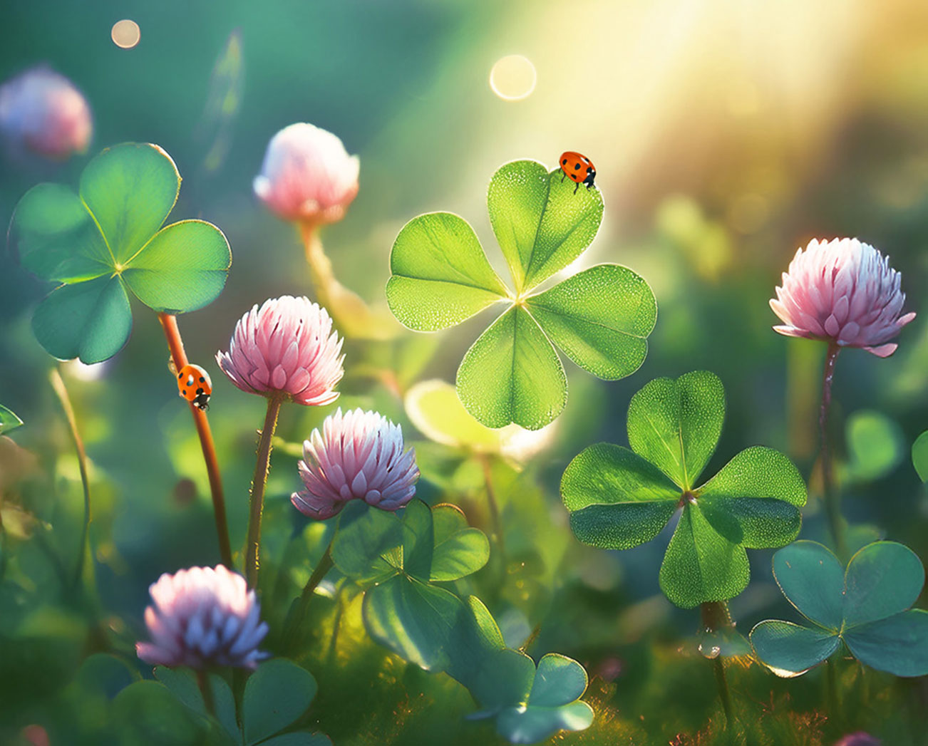 Zartes Frühlingsbild mit leuchtend grünen Kleeblättern, rosafarbenen Blüten und kleinen Marienkäfern. Warmes Sonnenlicht und weicher Hintergrund vermitteln Leichtigkeit, Glück und einen stillen Moment voller Zuversicht.