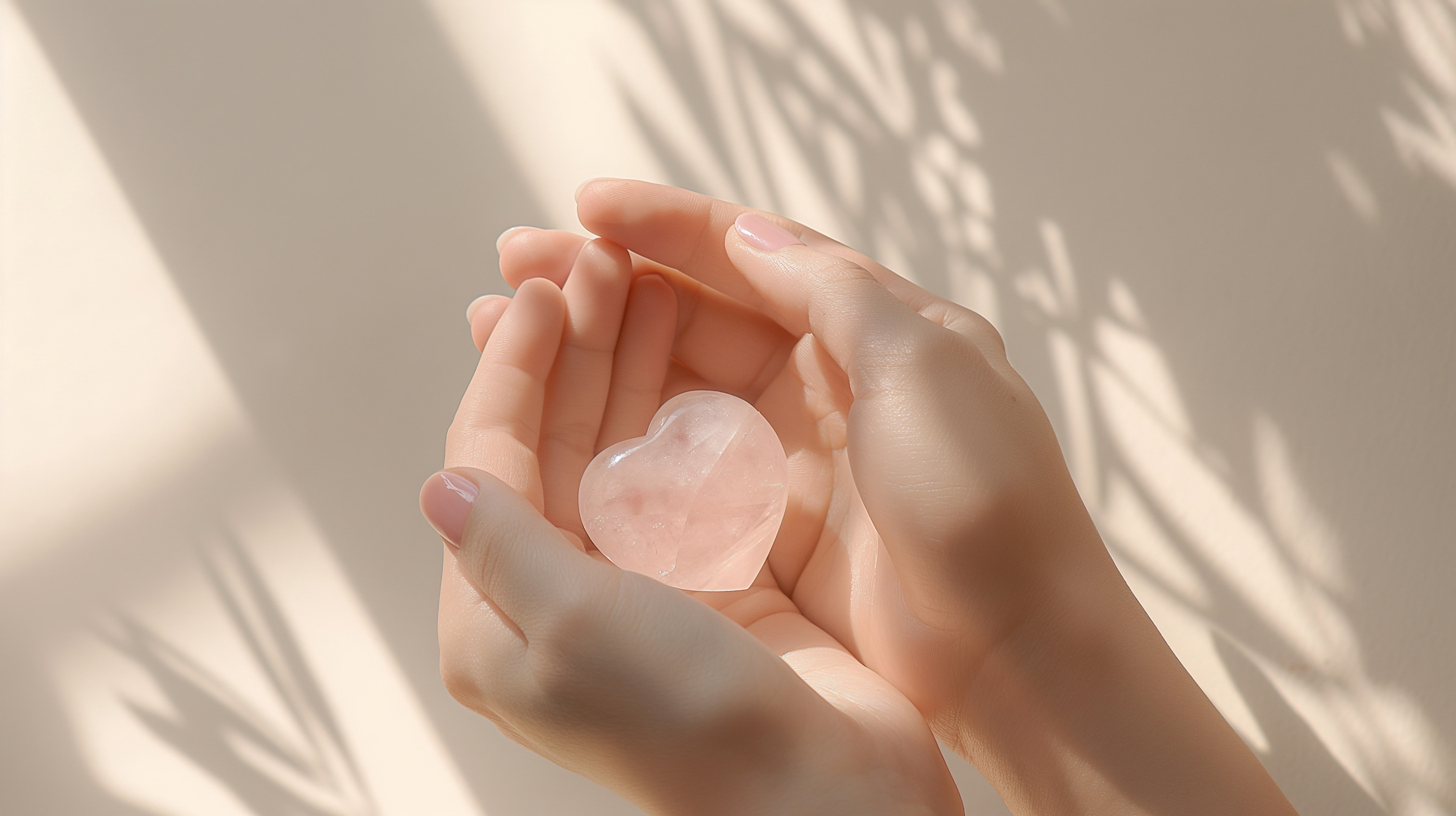 Zwei sanft geöffnete Hände halten ein herzförmiges Stück Rosenquarz. Weiches Sonnenlicht fällt darauf und erzeugt zarte Schatten von Pflanzen im Hintergrund. Die Szene wirkt ruhig, harmonisch und symbolisiert Liebe, Achtsamkeit oder spirituelle Energie.