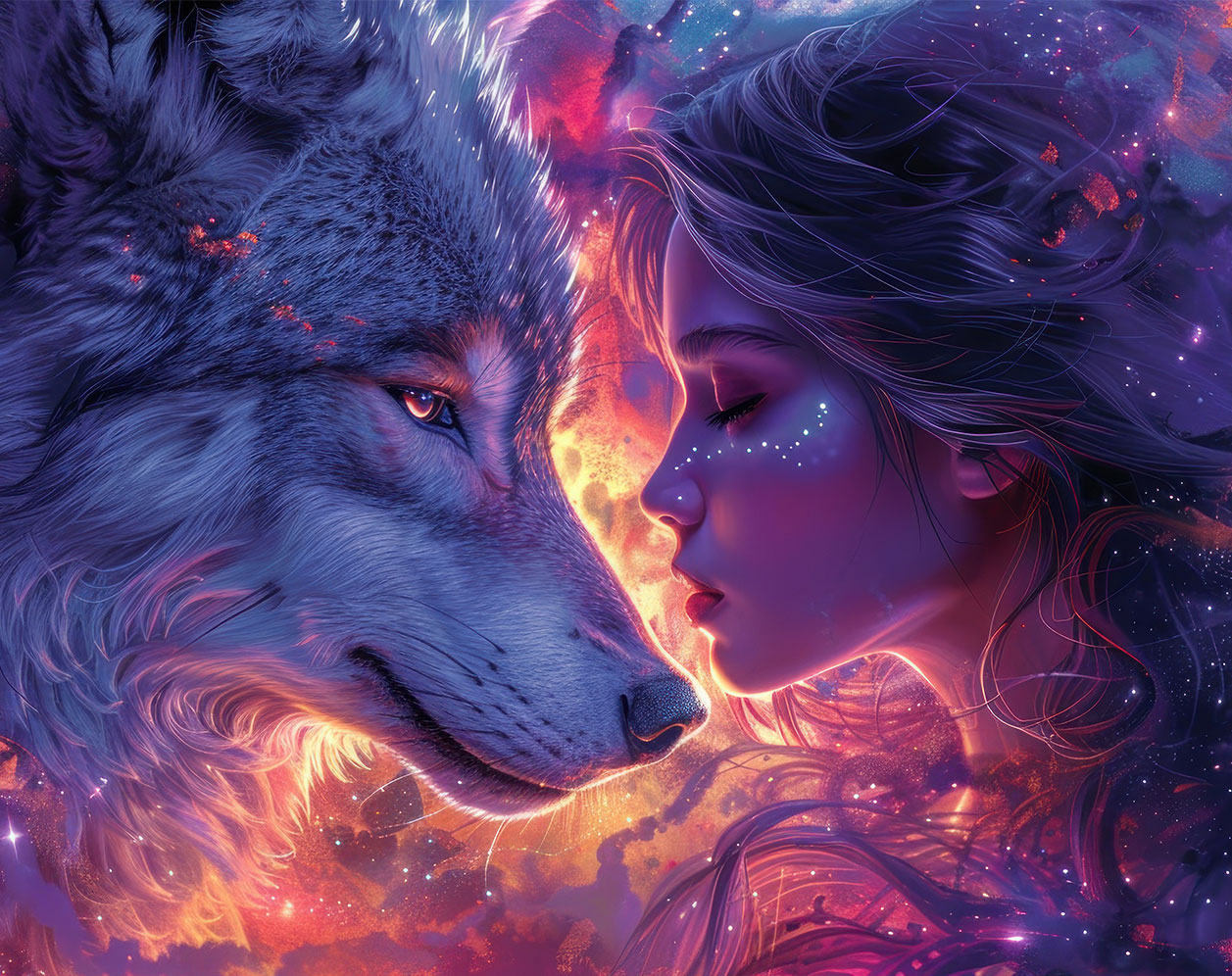 Nahaufnahme der leuchtend blauen Augen eines Wolfes, überlagert mit der durchscheinenden Silhouette eines Waldes im Hintergrund.