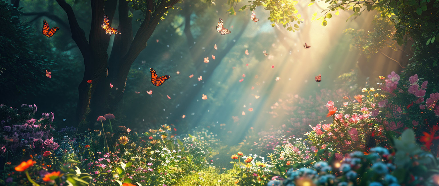 Verträumte Waldlichtung mit bunten Blumen, Sonnenstrahlen und fliegenden Schmetterlingen in magischer Atmosphäre.
