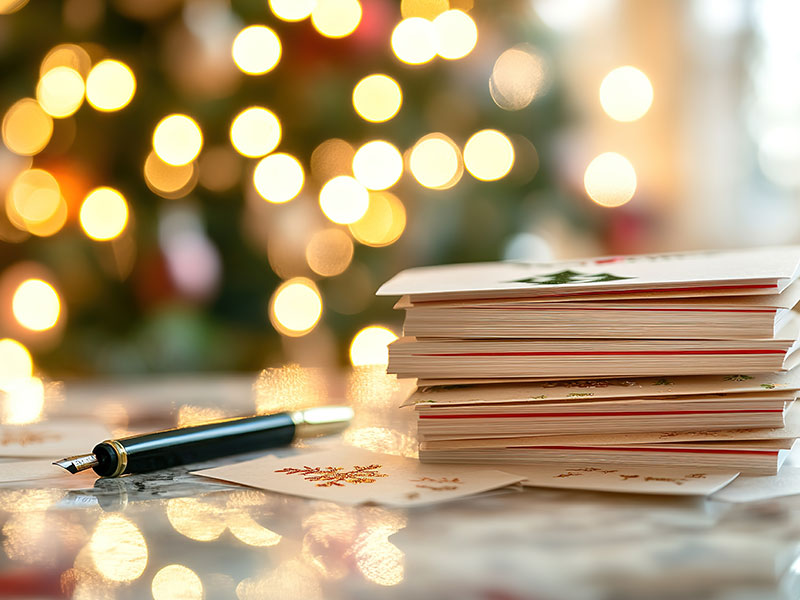 Ein Stapel Karte und ein Füller, im Hintergrund ein beleuchteter Weihnachtsbaum