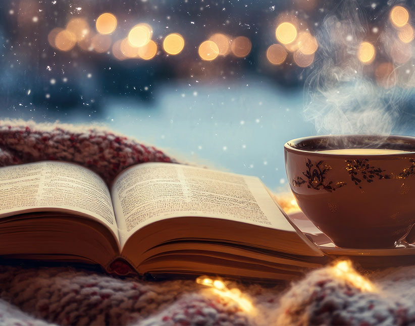 Offenes Buch und dampfende Tasse auf Decke, mit Lichterglanz und Schneeflocken im Hintergrund.