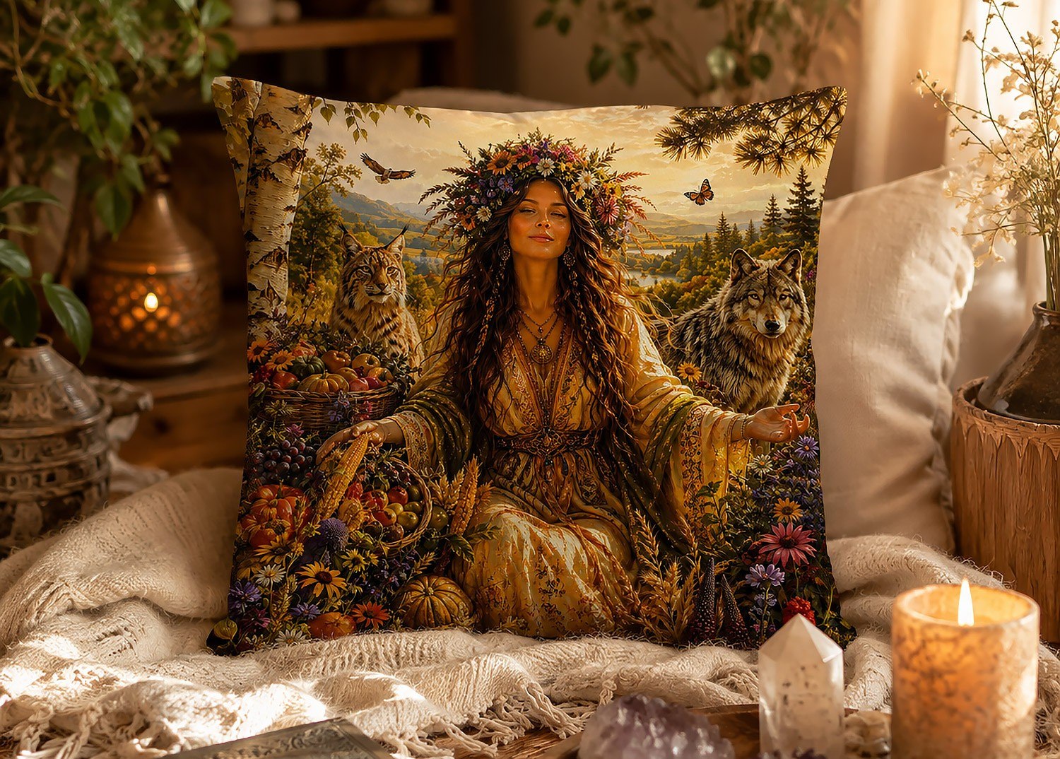 Ein dekoratives Kissen mit einer fantasievollen Naturgöttin in goldenem Gewand, umgeben von Eulen, Blumen und Herbstlaub, liegt auf einer gemütlichen Decke neben einer brennenden Kerze.
