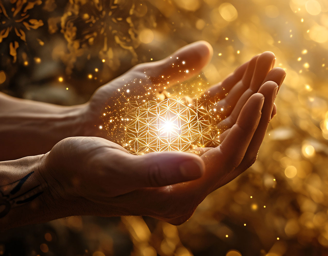 Zwei geöffnete Hände halten ein leuchtendes Symbol der Blume des Lebens, das in goldenem Licht erstrahlt und von glitzernden Funken umgeben ist. Die Szene vermittelt ein Gefühl von Energie, Achtsamkeit und spiritueller Verbundenheit. 