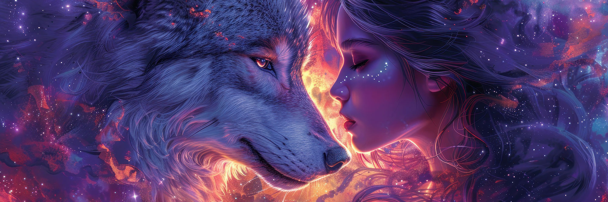 Nahaufnahme der leuchtend blauen Augen eines Wolfes, überlagert mit der durchscheinenden Silhouette eines Waldes im Hintergrund.