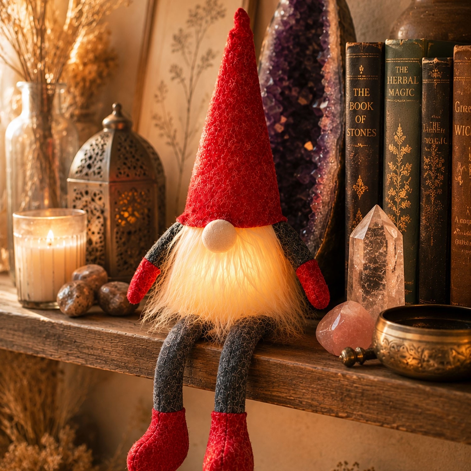 Ein Weihnachtswichtel mit roter Zipfelmütze und langem weißem Bart sitzt auf einem rustikalen Holzregal zwischen Kerze, Büchern und herbstlicher Dekoration.
