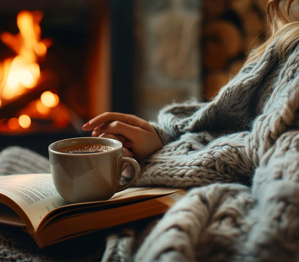 Eine Frau sitzt mit einer Tasse Tee und einem Buch vor dem Kamin