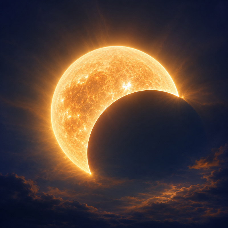 Nahaufnahme einer partiellen Sonnenfinsternis: Der dunkle Mond verdeckt etwa die Hälfte der goldglühenden Sonne vor einem tiefblauen Himmel mit zarten Wolken.