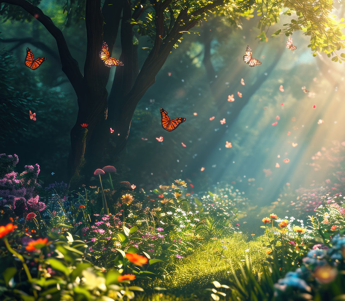 Verträumte Waldlichtung mit bunten Blumen, Sonnenstrahlen und fliegenden Schmetterlingen in magischer Atmosphäre.