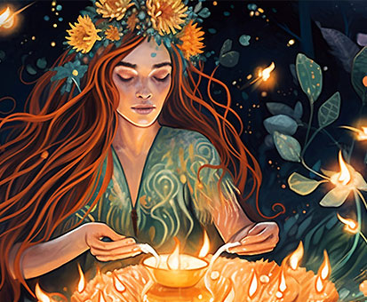 Zeichnung einer rothaarigen Frau mit Blumenkranz im Haar, die eine Flamme entzündet. 