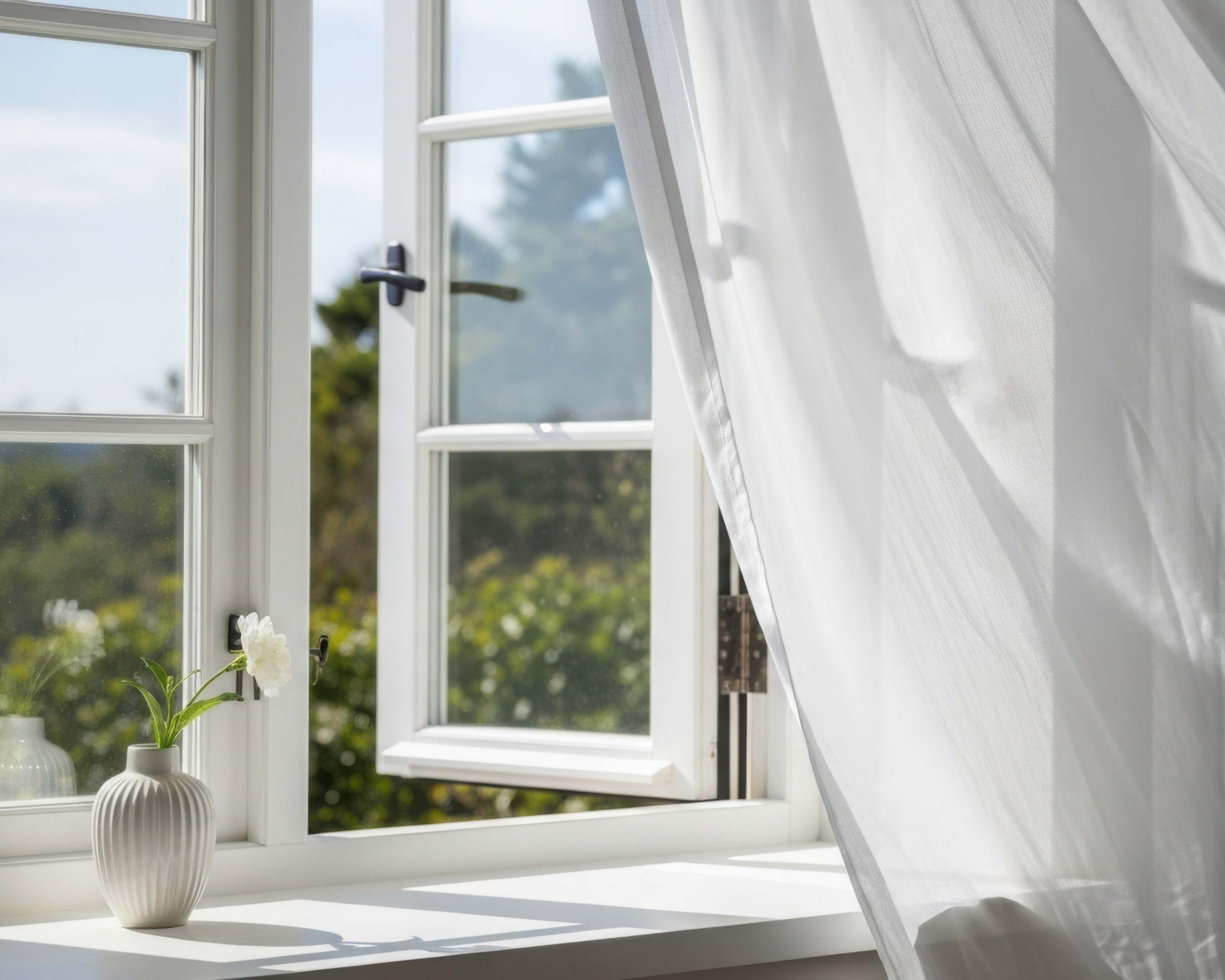 Offenes weißes Fenster mit wehender Gardine im Sonnenlicht, auf der Fensterbank steht eine kleine weiße Vase mit einer einzelnen Blüte.