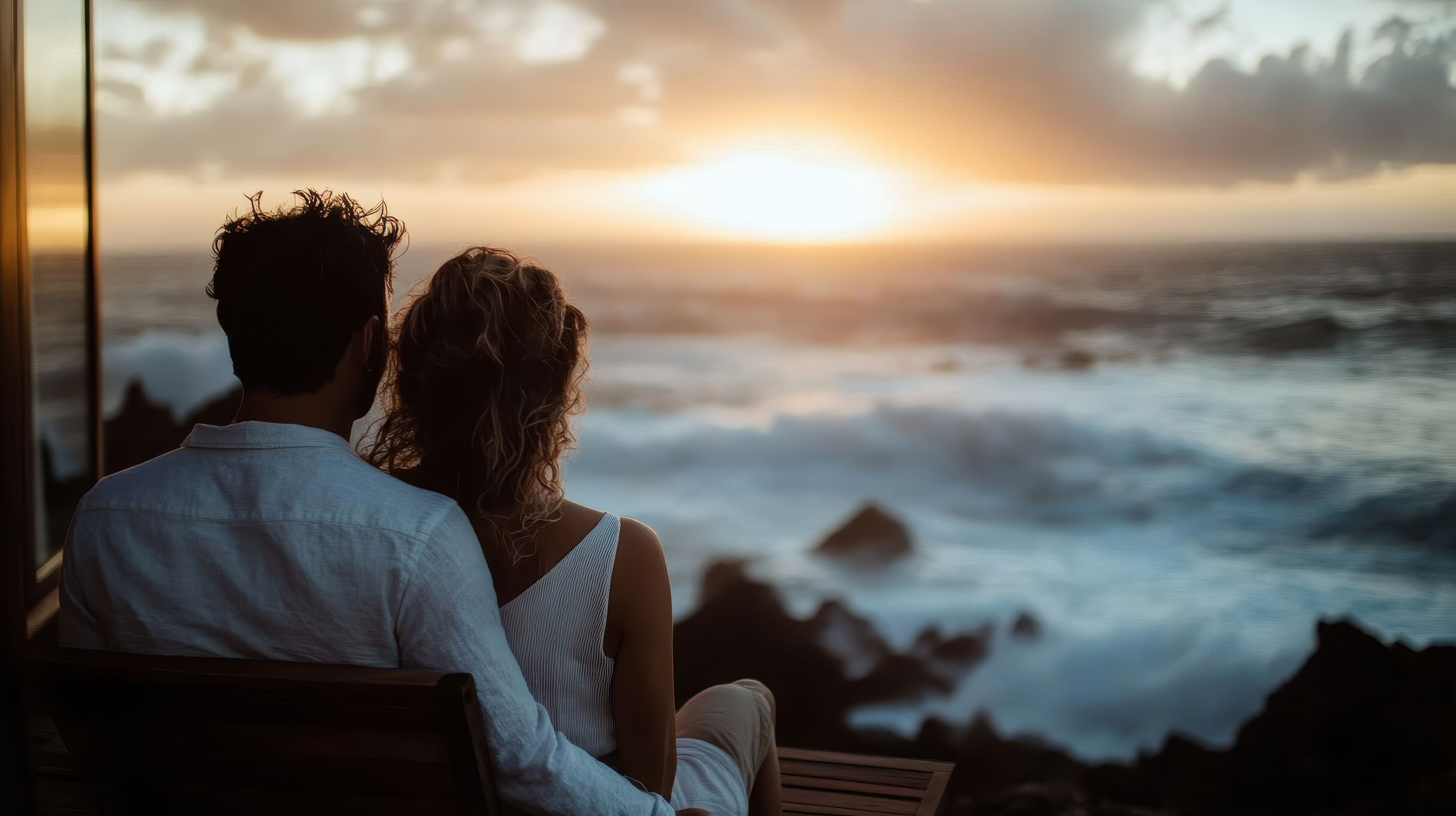 Ein Paar sitzt eng umschlungen auf einer Bank und blickt auf den Sonnenuntergang über dem Meer.