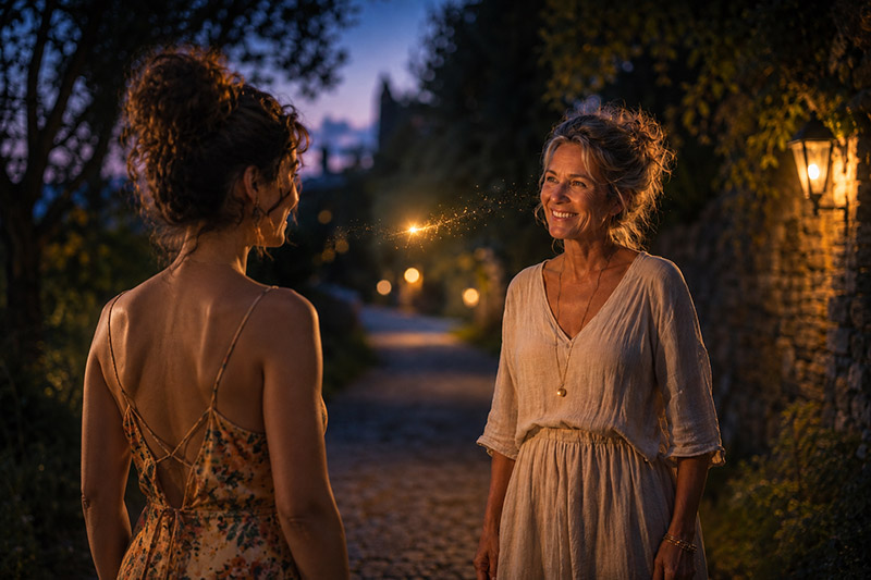 Zwei Frauen begegnen sich auf einem ruhigen Weg in der sommerlichen Abenddämmerung und lächeln einander an; zwischen ihnen schwebt ein zarter goldener Lichtfunke.
