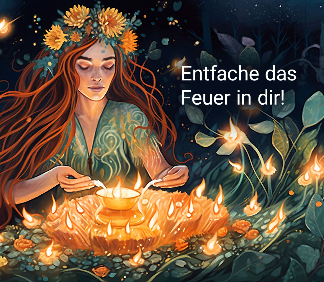 Zeichnung einer rothaarigen Frau mit Blumenkranz im Haar, die eine Flamme entzündet. 