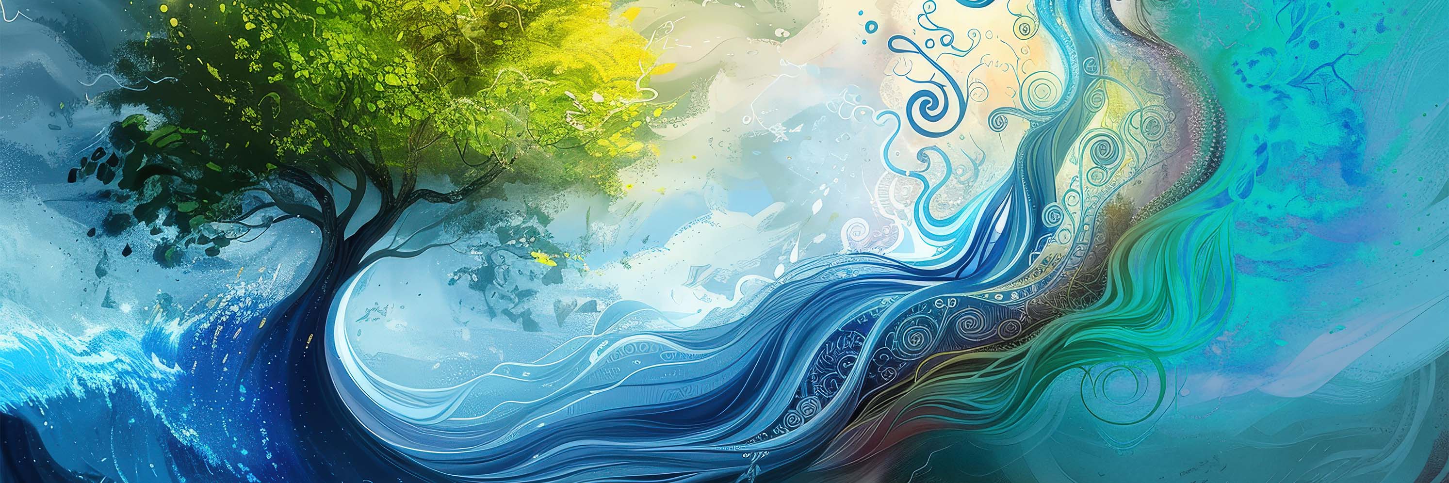 Abstraktes Kunstwerk mit einem grünen Baum, der in fließende blaue und türkise Linien, Wirbel und wasserartige Formen übergeht.