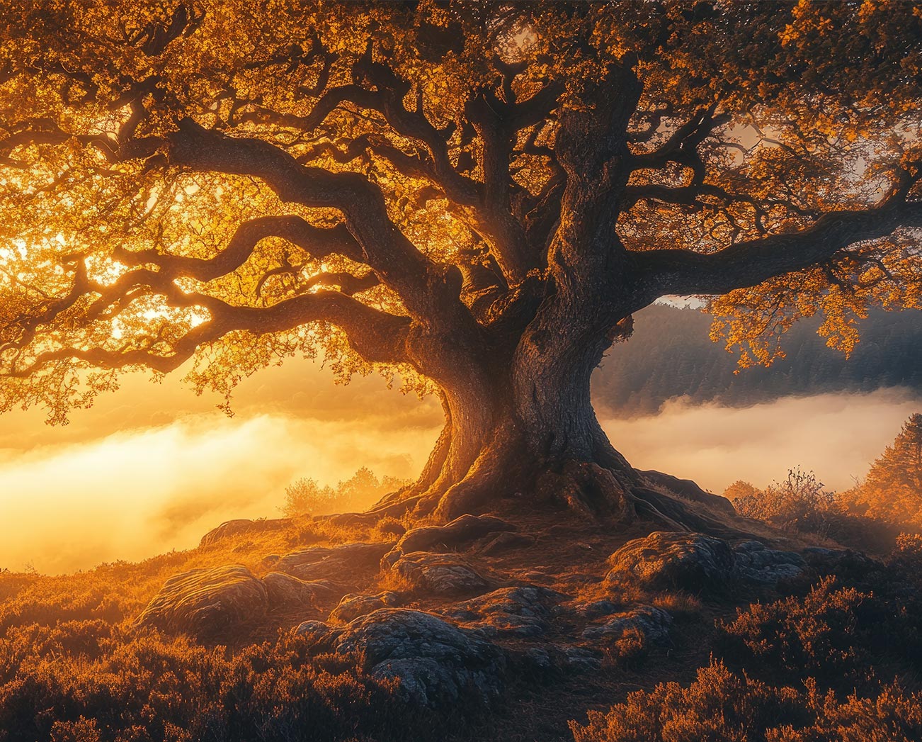Ein mächtiger, uralter Baum steht auf einem Hügel, dessen ausladende Äste sich schützend über die Landschaft wölben – ein Symbol für Lebenskraft und Beständigkeit. Die Szene ist in goldenes Morgenlicht getaucht. Nebelschwaden ziehen durch das Tal.