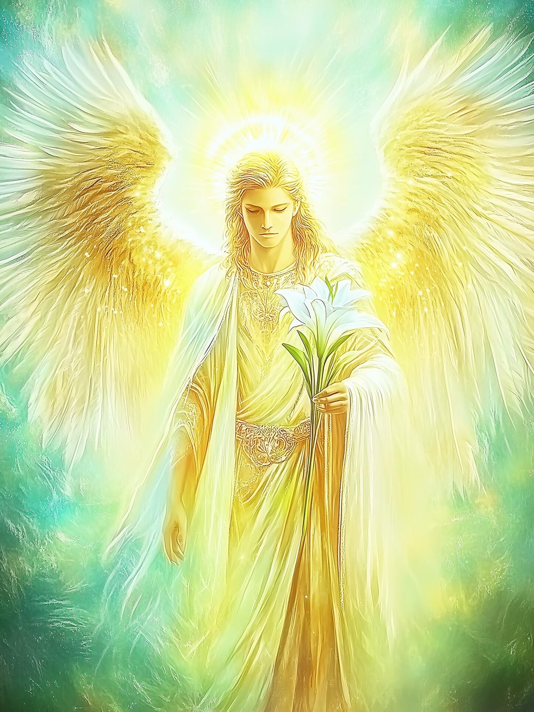 Ein strahlender Engel mit goldenen Flügeln hält weiße Lilien und ist von hellem Licht umgeben.