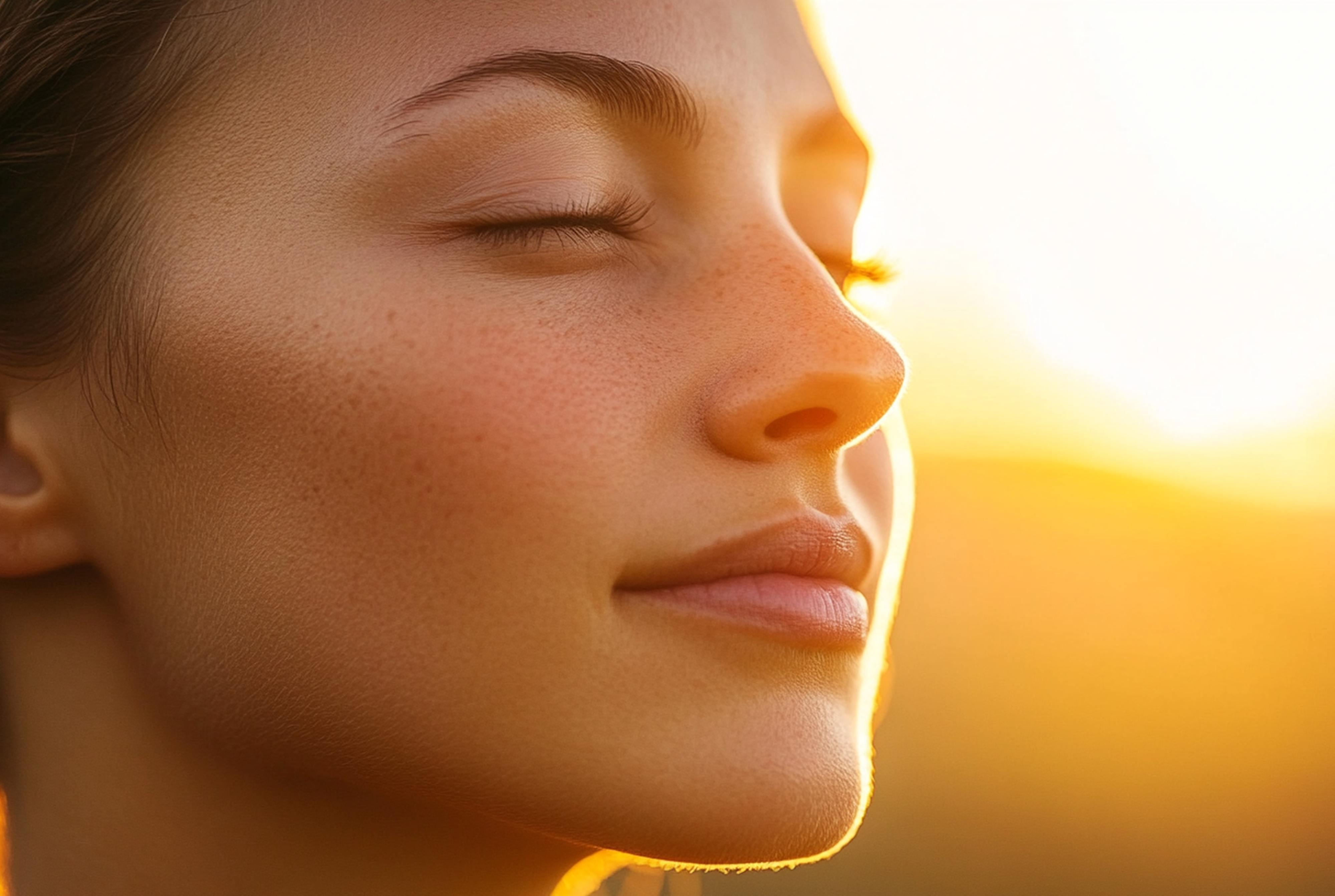 Nahaufnahme eines entspannten Gesichts mit geschlossenen Augen im warmen Sonnenlicht.