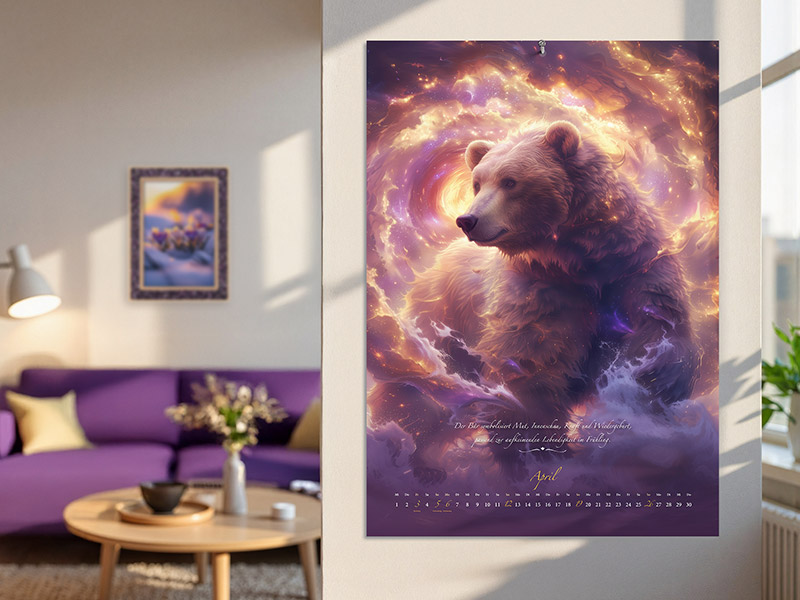 Der PranaHaus Krafttier-Kalender hängt in einem hellen, gemütlichen Wohnzimmer. Der Wandkalender zeigt das Monatsmotiv April mit einem majestätischen Bären vor einem leuchtenden, galaktischen Hintergrund. Darunter steht ein inspirierender Spruch.