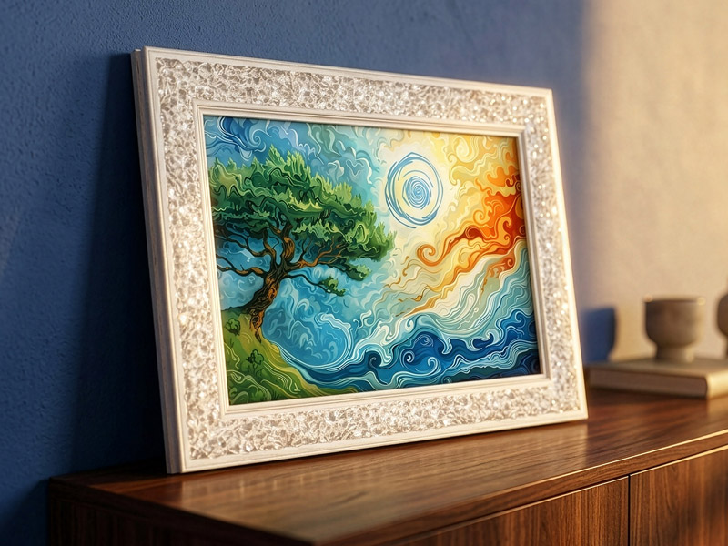 Gerahmtes Energiebild mit Baum, Wasser, Sonne und Himmel in lebendigen Farben, auf einer Kommode stehend, strahlt Balance und die Kraft der vier Elemente aus.