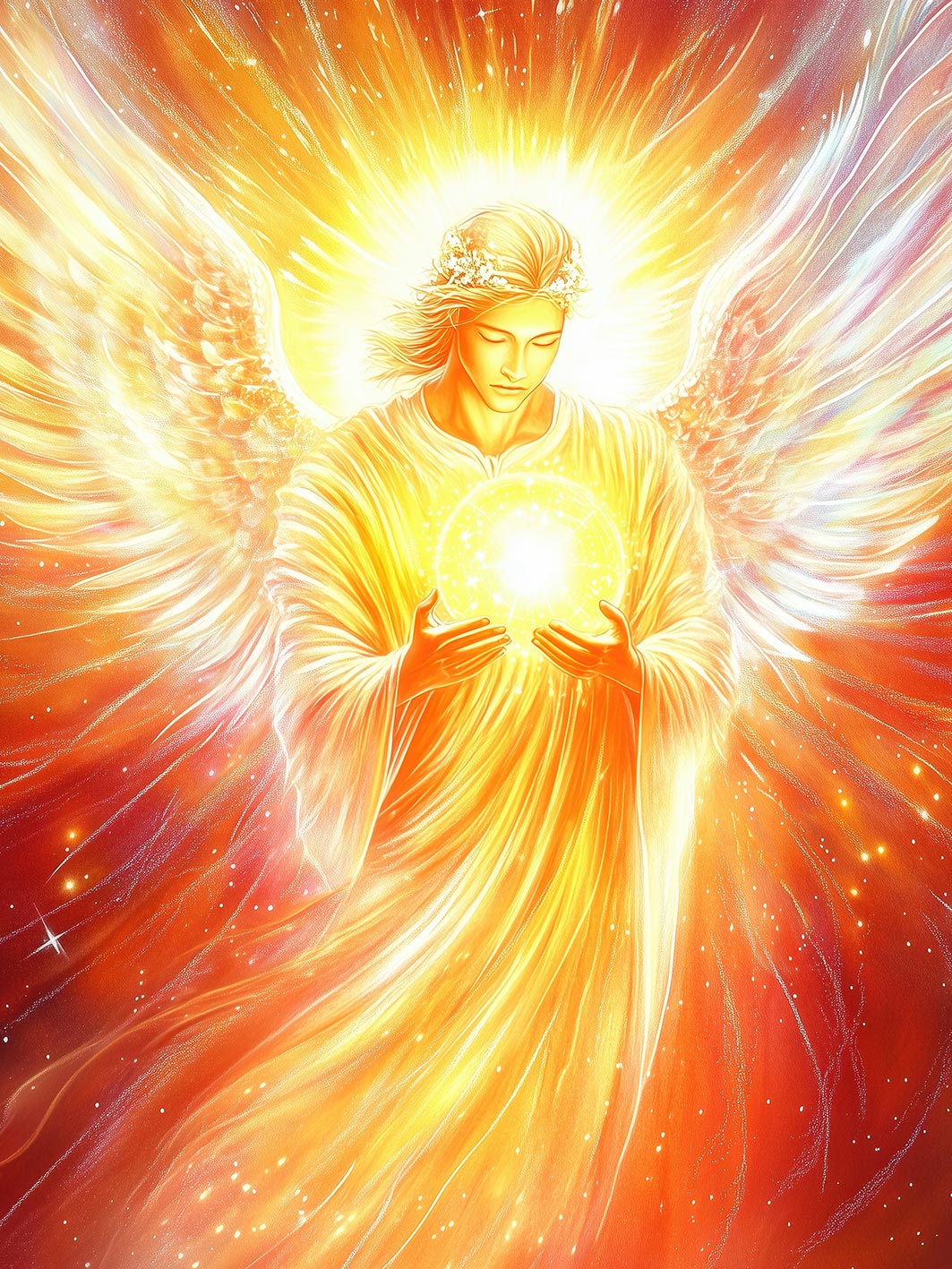 Ein leuchtender Engel in orange-goldenem Licht hält eine strahlende Kugel aus Energie zwischen den Händen.