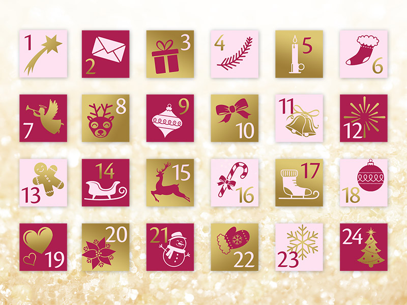 PranaHaus Adventskalender mit abwechselnd roten, rosafarbenen und goldenen Türchen, verziert mit weihnachtlichen Symbolen.