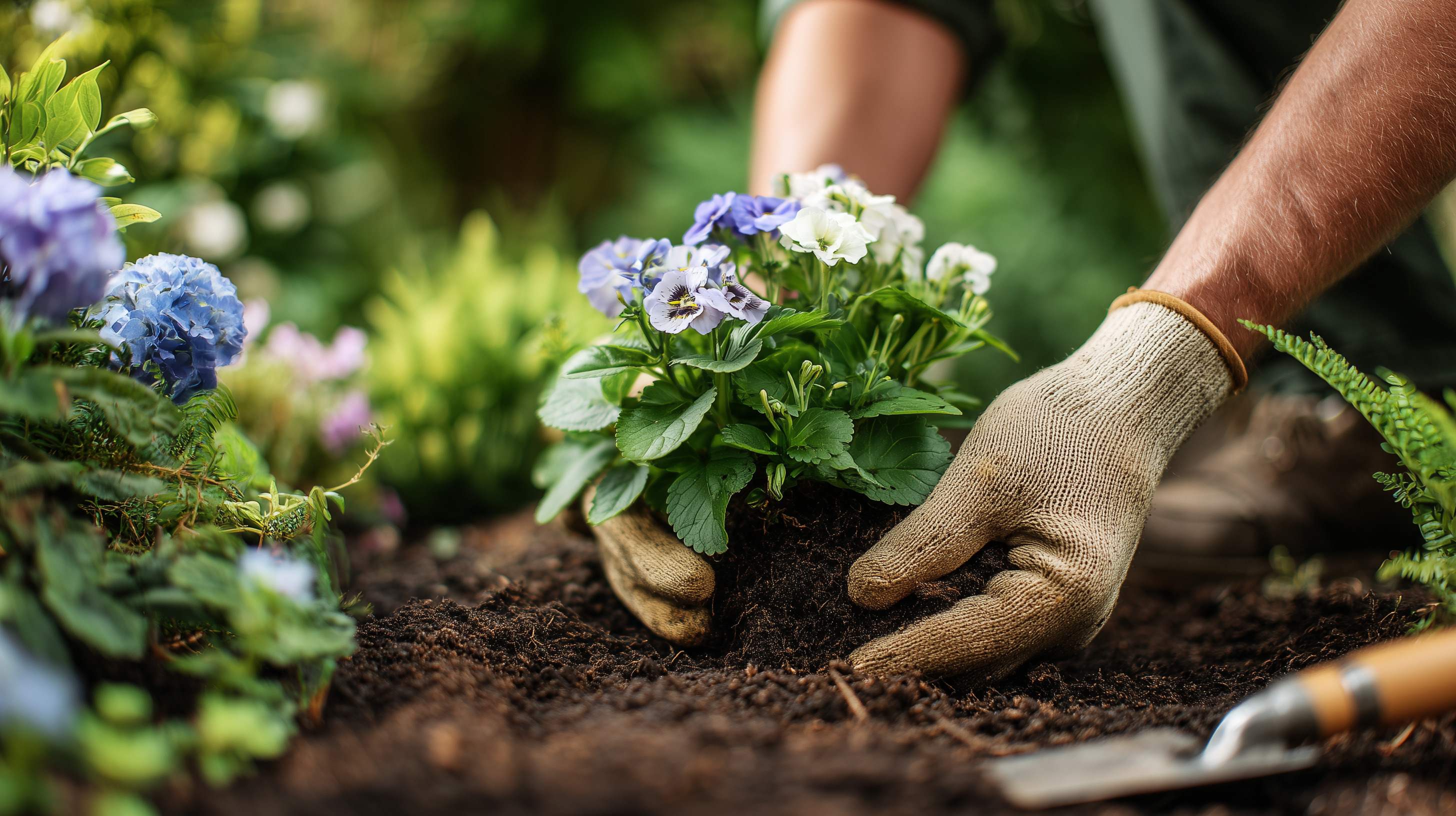 Behandschuhte Hände setzen eine blau-weiß blühende Pflanze in dunkle Erde in einem grünen Gartenbeet.