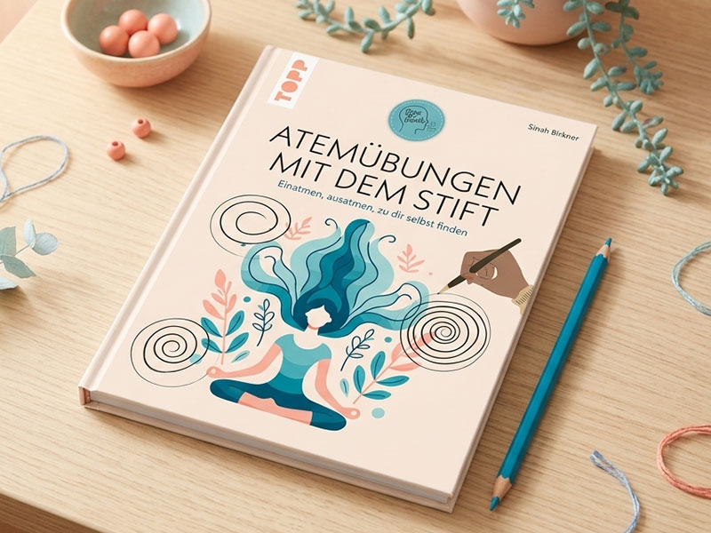 Buch „Atemübungen mit dem Stift“ liegt auf hellem Holztisch neben blauem Bleistift, Garn und kleinen Dekoelementen. Das Cover zeigt eine meditierende Figur mit fließendem Haar und Spiralzeichnungen.