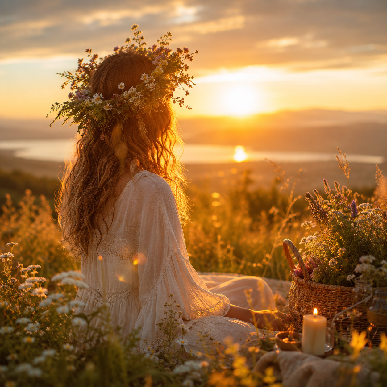Frau mit Blumenkranz sitzt in einer blühenden Wiese und blickt bei goldenem Sonnenuntergang über eine weite Landschaft mit See. Neben ihr stehen ein Blumenkorb und eine Kerze.