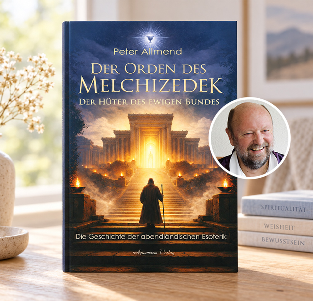 Buchcover „Der Orden des Melchizedek“ von Peter Allmend mit einer mystischen Tempelszene und einem Porträt von Peter Michel daneben.