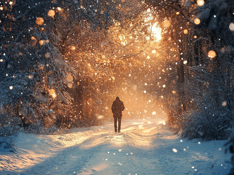 Eine Person spaziert durch einen verschneiten Winterwald