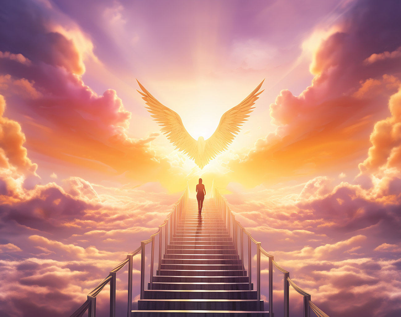 Eine Person steigt eine Treppe empor, die durch leuchtende Wolken führt und im strahlenden Licht endet. Dort erhebt sich majestätisch eine Engelsgestalt – ein Symbol für Schutz, Hoffnung und himmlische Führung. 