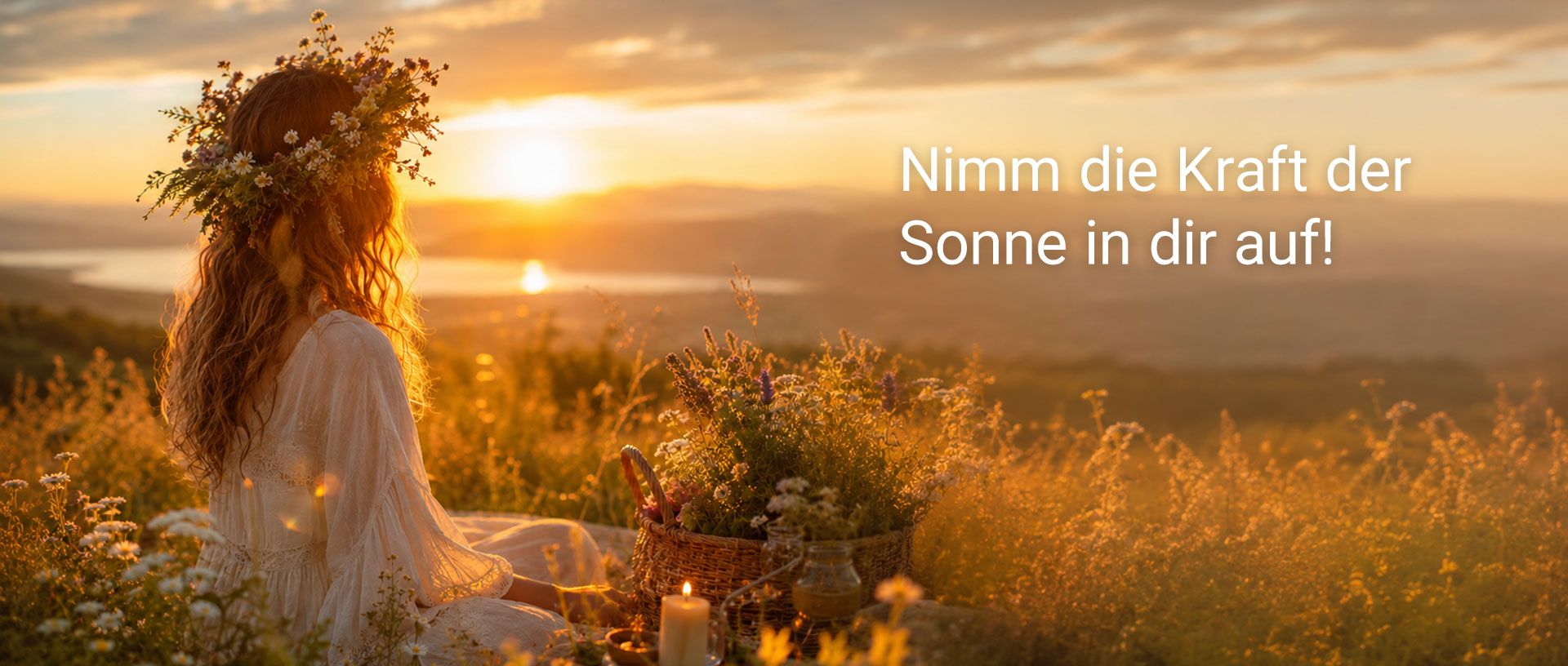 Frau mit Blumenkranz sitzt in einer blühenden Wiese und blickt bei goldenem Sonnenuntergang über eine weite Landschaft mit See. Neben ihr stehen ein Blumenkorb und eine Kerze.