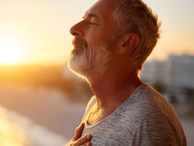 Älterer Mann mit grauem Bart steht draußen im Sonnenlicht, hält sich eine Hand auf die Brust und atmet tief ein. Der Moment wirkt ruhig, achtsam und kraftvoll.
