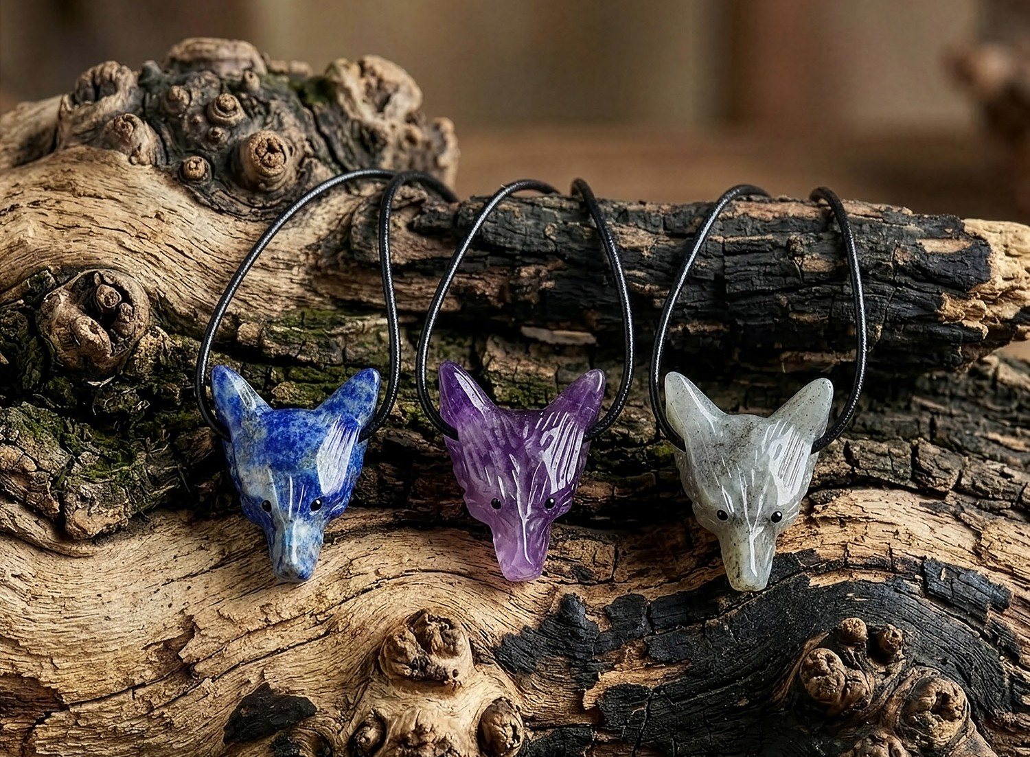 Drei wolfsförmige Anhänger aus blauem, violettem und hellem Stein liegen mit schwarzen Bändern auf verwittertem Holz.