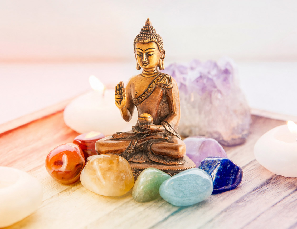 Kleine Buddha-Figur sitzt auf einem hellen Holztablett, umgeben von bunten Trommelsteinen und einem Amethyst-Cluster. Mehrere weiße Teelichter sorgen für eine ruhige, meditative Atmosphäre vor hellem Hintergrund.