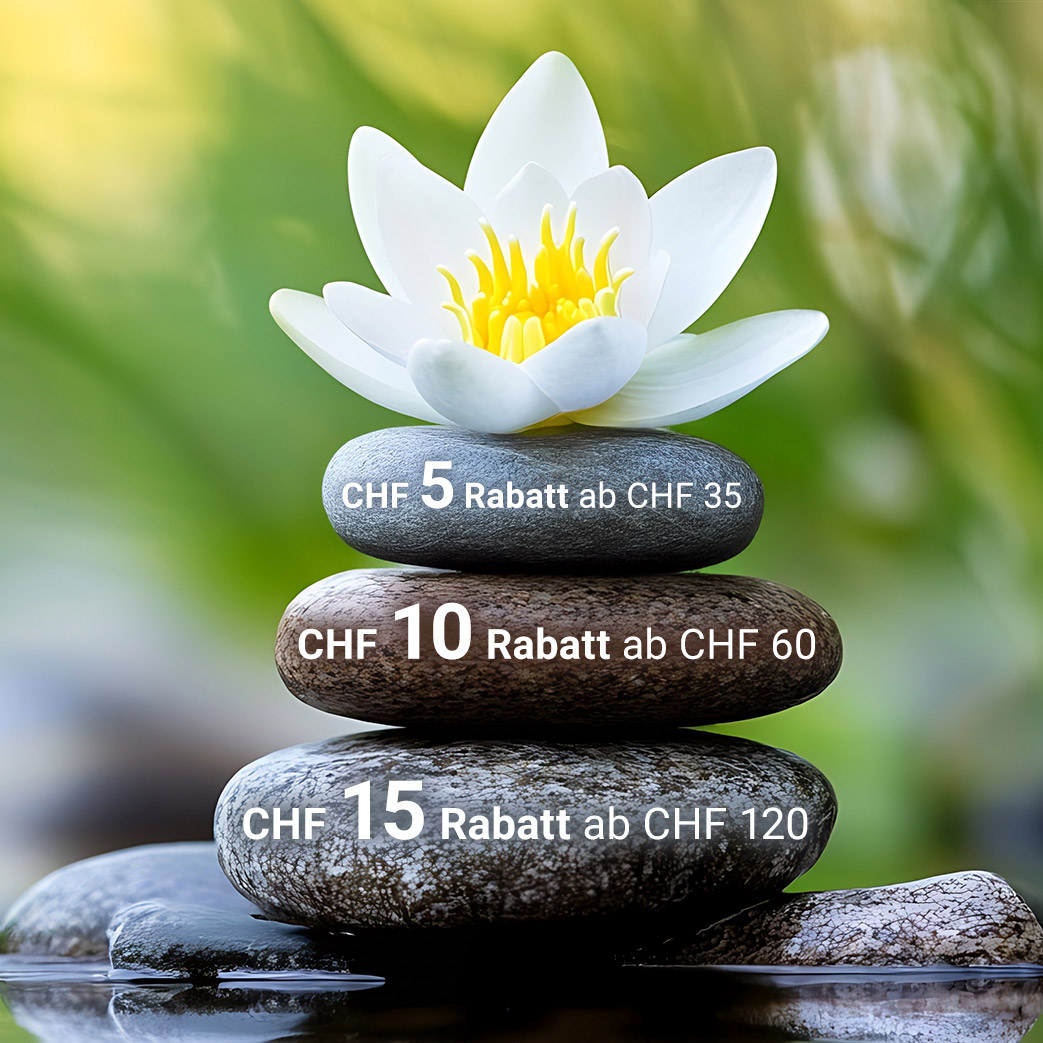 Ein Stapel aus glatten Steinen steht in einem ruhigen Gewässer, gekrönt von einer Lotusblume. Auf den Steinen sind gestaffelte Rabattangebote zu sehen: 'CHF 5 Rabatt ab CHF 35', 'CHF 10 Rabatt ab CHF 60' und 'CHF 15 Rabatt ab CHF 120'.