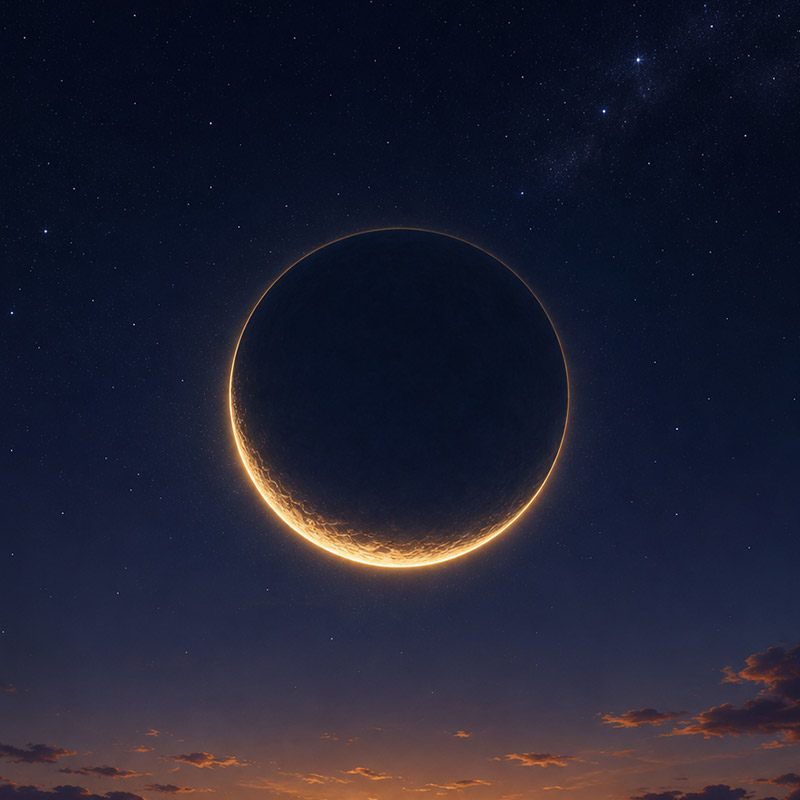 Dunkler Neumond mit feinem goldenen Lichtsaum über einer stillen Berg- und Seenlandschaft bei Dämmerung unter einem klaren, tiefblauen Sternenhimmel.