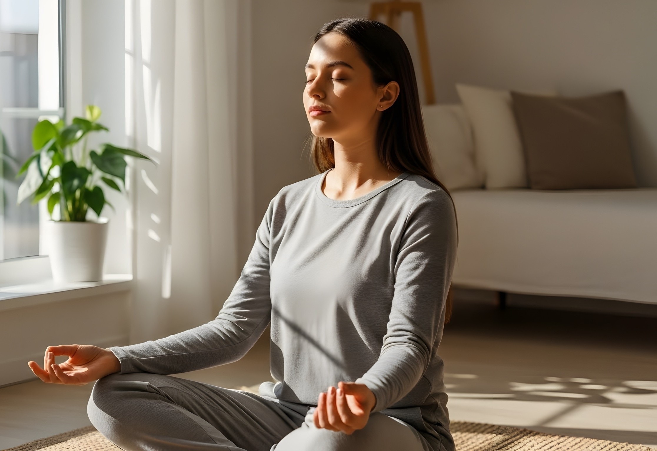 Junge Frau meditiert mit geschlossenen Augen im Schneidersitz in einem hellen Zimmer am Fenster.