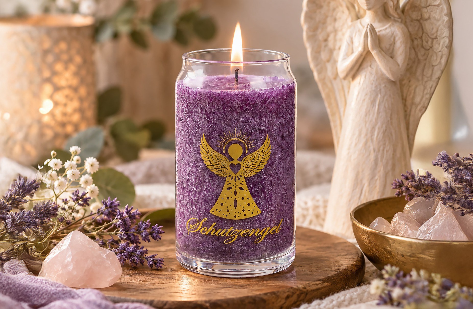Eine brennende violette Kerze im Glas mit goldenem Schutzengel-Motiv steht zwischen Lavendelblüten, Rosenquarz und einer weißen Engelsfigur.