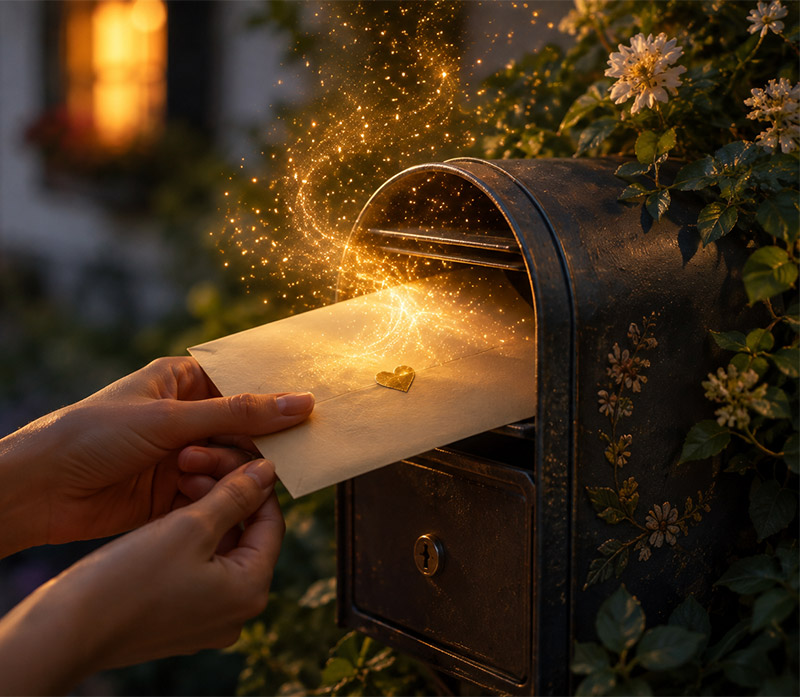 Nahaufnahme zweier Hände, die einen Umschlag mit der Aufschrift „Für dich“ in einen von Blumen umrankten Briefkasten stecken, während goldene Lichtpartikel aufsteigen.