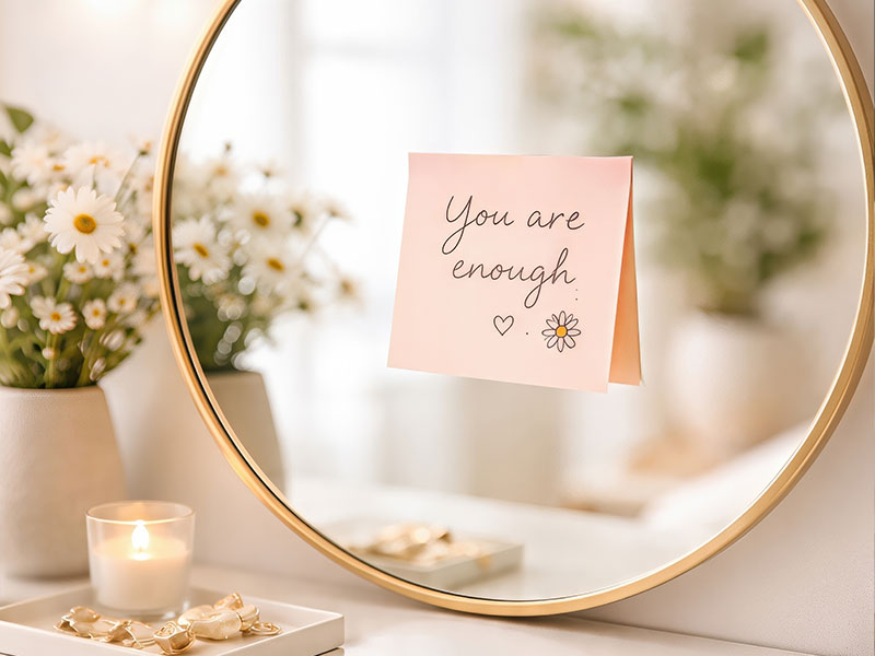 Spiegel mit rosa Zettel, auf dem steht: „You are enough“. Im Vordergrund brennt eine Kerze, daneben Schmuck und Blumen. Die Szene vermittelt Selbstliebe und Morgenritual.