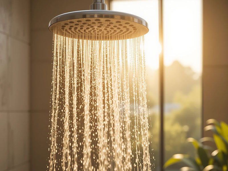 Sanftes Morgenlicht fällt auf eine laufende Regendusche im Badezimmer. Die Szene symbolisiert einen erfrischenden Start in den Tag und achtsame Körperpflege.