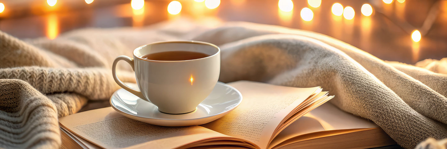Eine Tasse mit heißem Tee steht auf einem geöffneten Buch. Daneben liegt eine kuschelige Strickdecke. Im Hintergrund sorgen warme Lichterketten für eine gemütliche und entspannte Atmosphäre.
