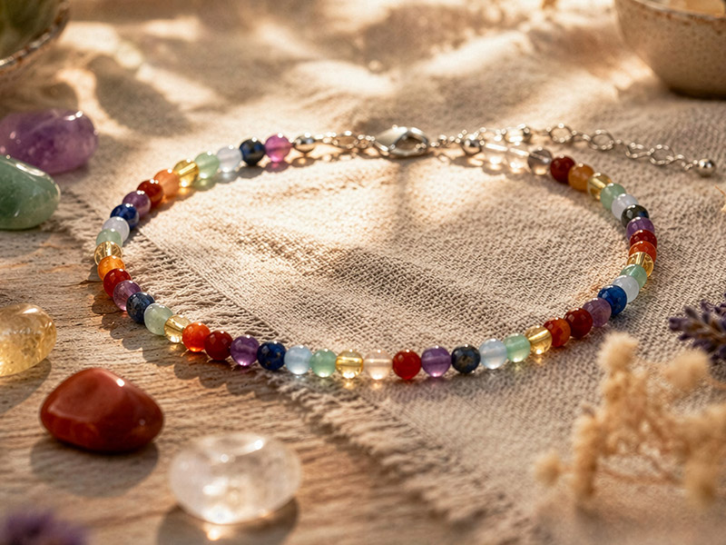 Filigrane Chakra-Kette aus bunten Edelsteinperlen auf hellem Stoff, dekoriert mit verschiedenen Trommelsteinen in warmer Naturbeleuchtung.